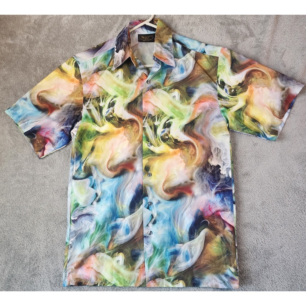 Monzini Collection Shirt Mens Small Multicolor Abstract Smoke Print USA Retro